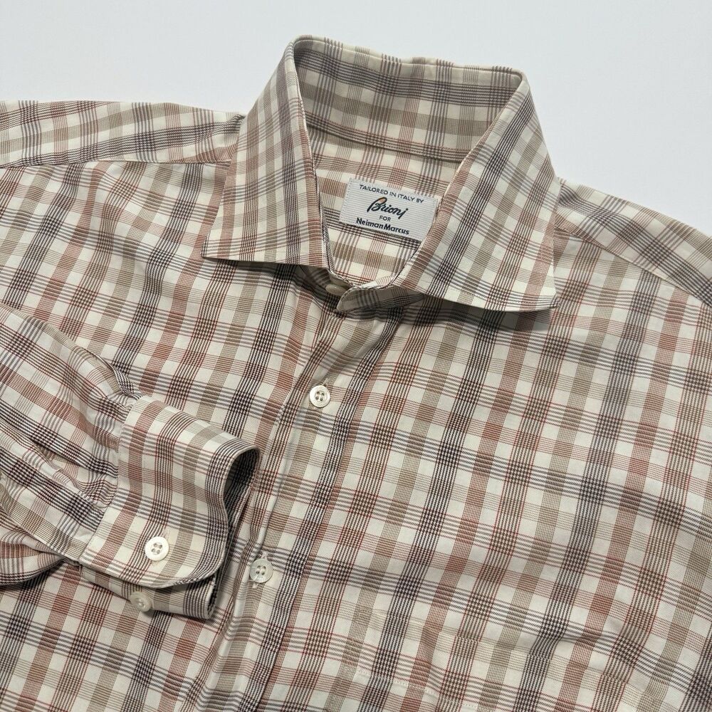 Brioni For Neiman Marcus Shirt Men’s Large Brown Plaid Button Up Made In Italy